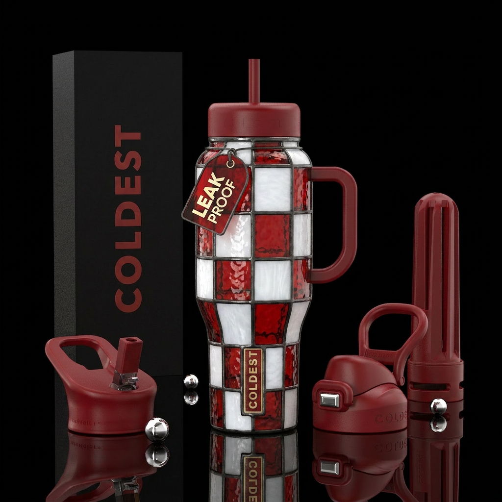 Red and white stained glass checkered water bottle design
