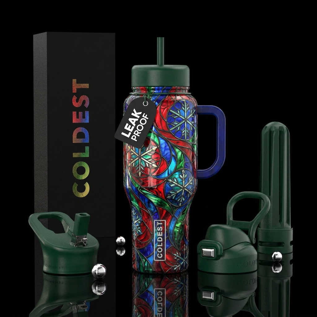 Red, blue and green stained glass swirls and snowf... water bottle design