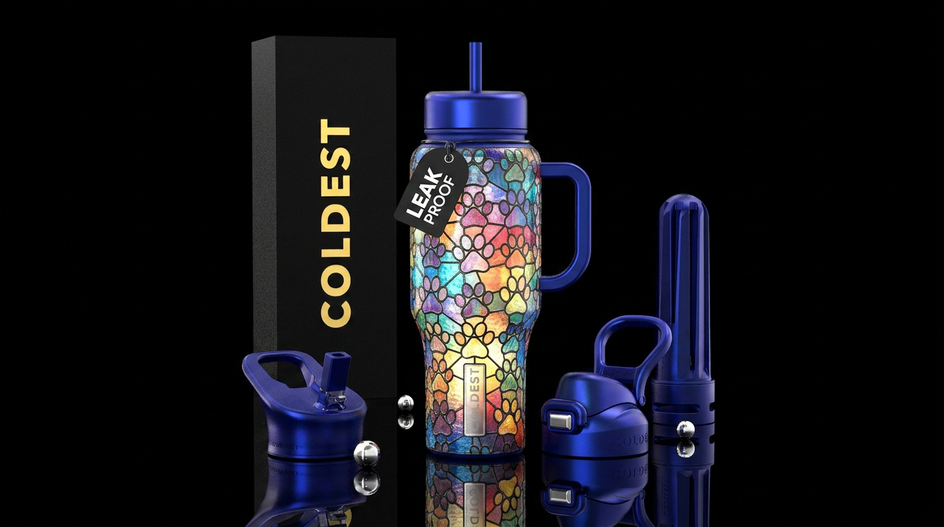 Stained glass puppy paws water bottle design