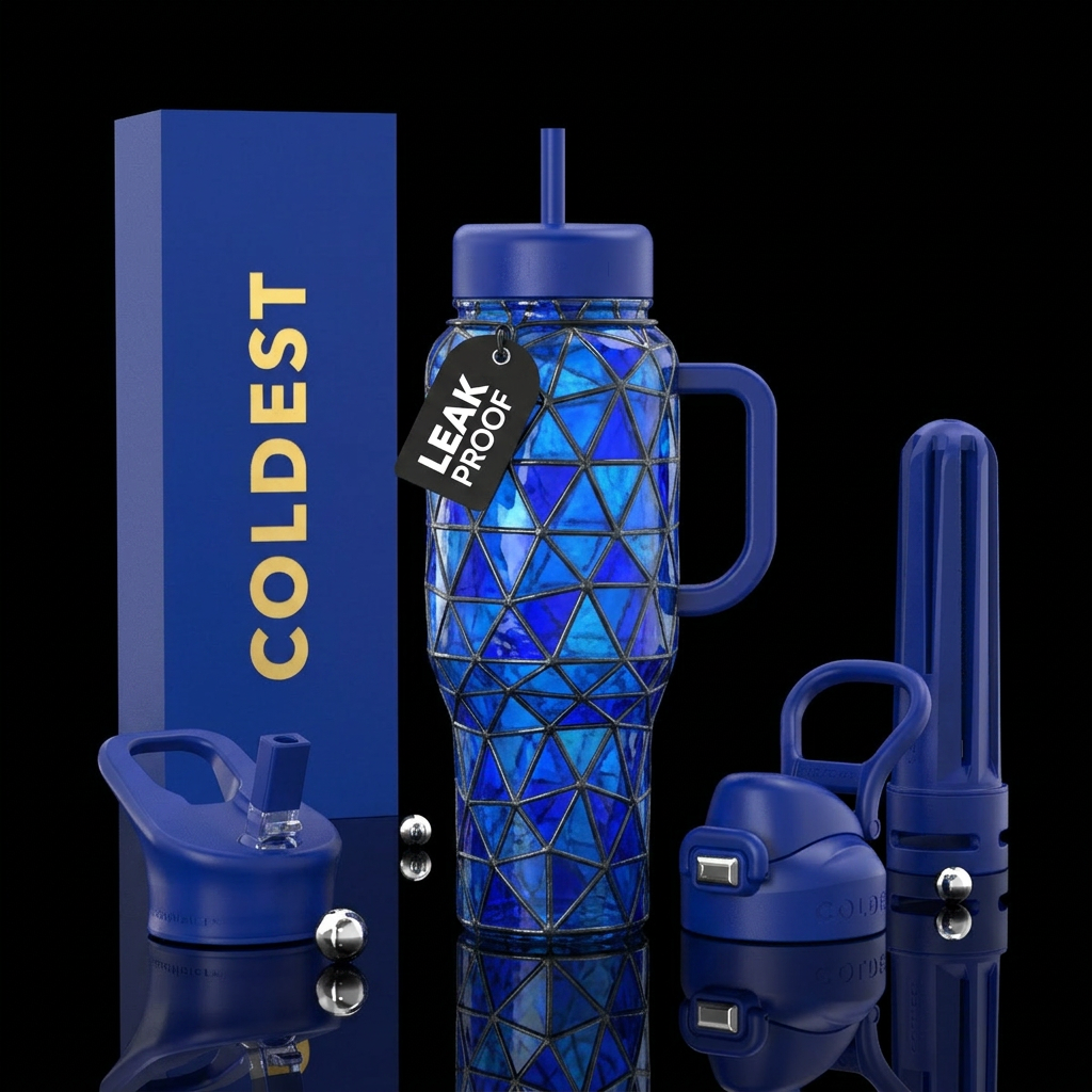 Different shades of stained glass blue water bottle design