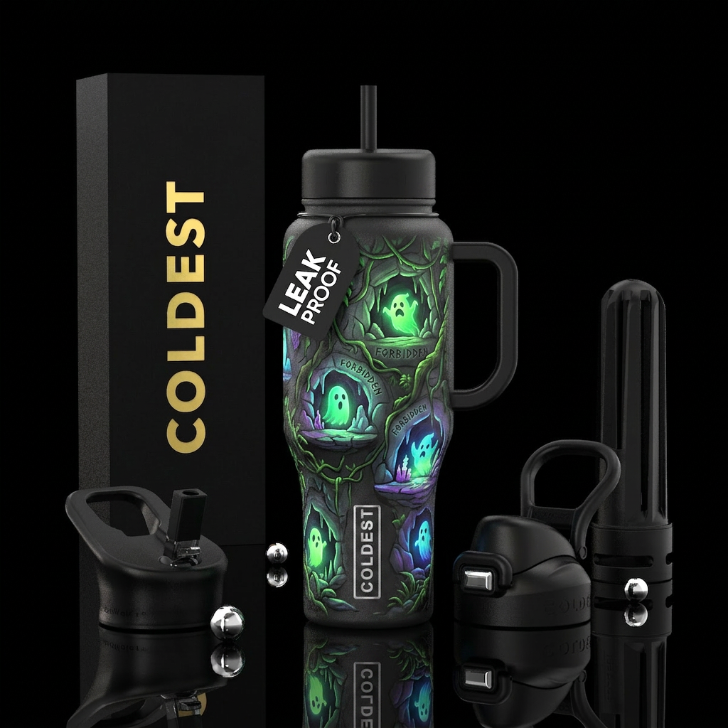 Glow in the dark, vines, island, secret cave, shel... water bottle design