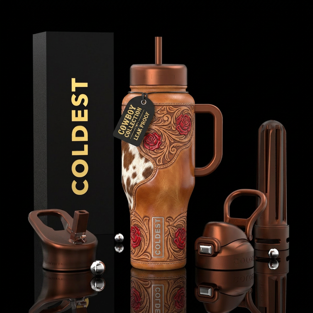 Tooled light brown leather, red roses, cow hide water bottle design