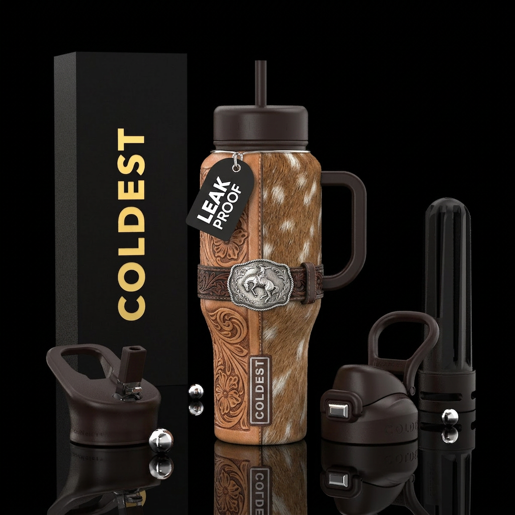Tooled light brown leather lined with a dark brown... water bottle design