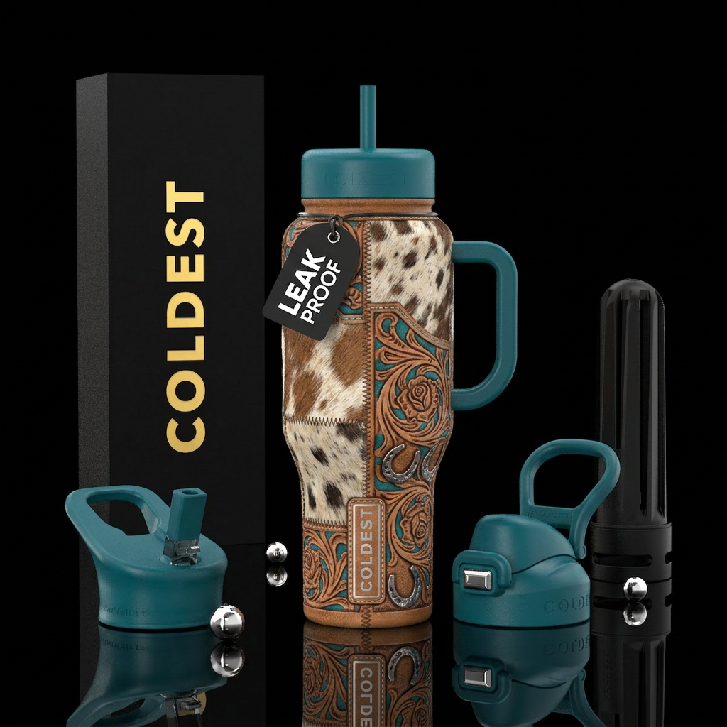 Tooled light brown and turquoise leather with rose... water bottle design