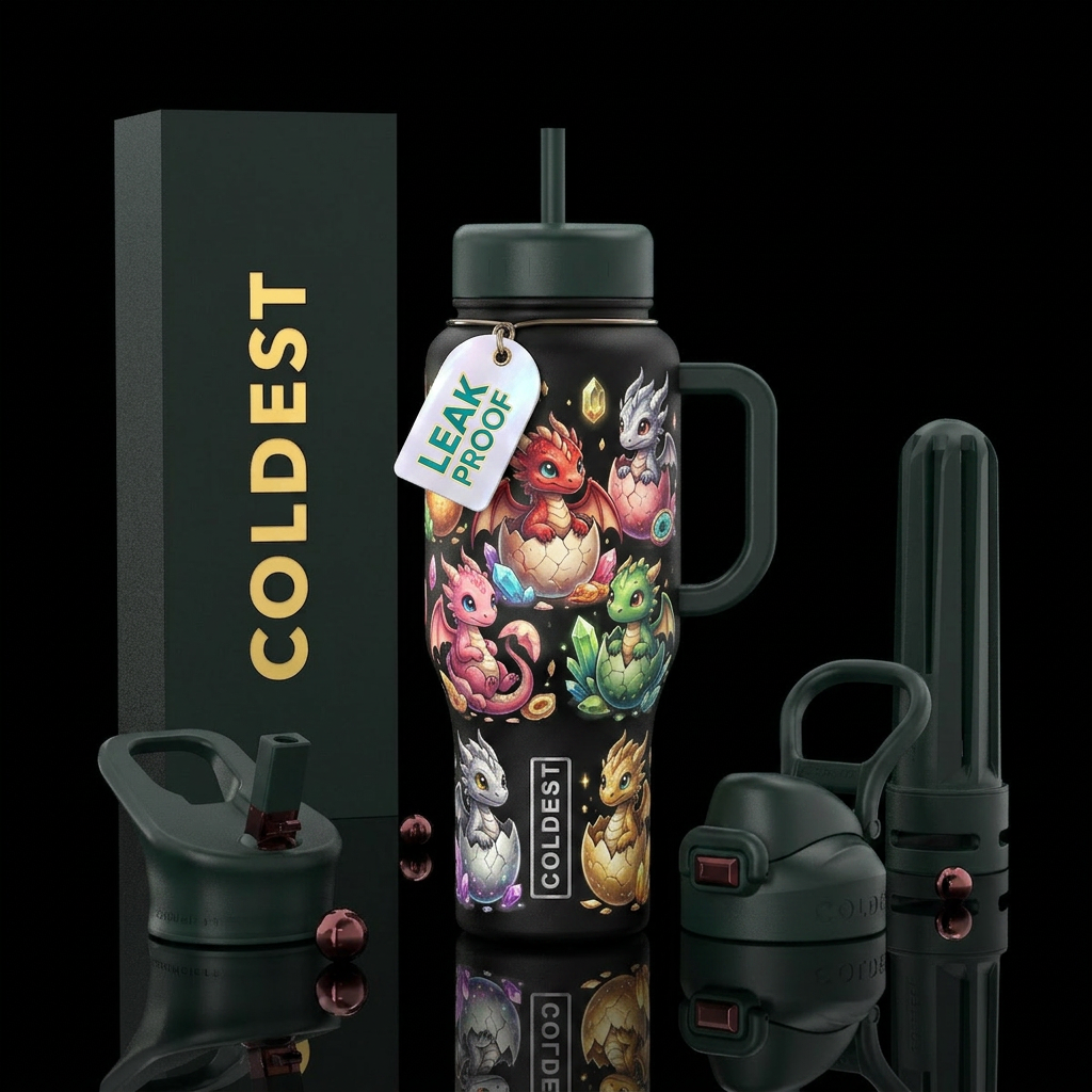 Cute baby whimiscal dragons hatching, pink, red, g... water bottle design