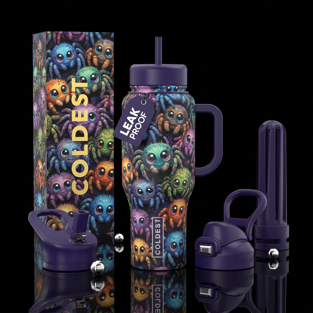 Cute baby googly eyed spiders water bottle design