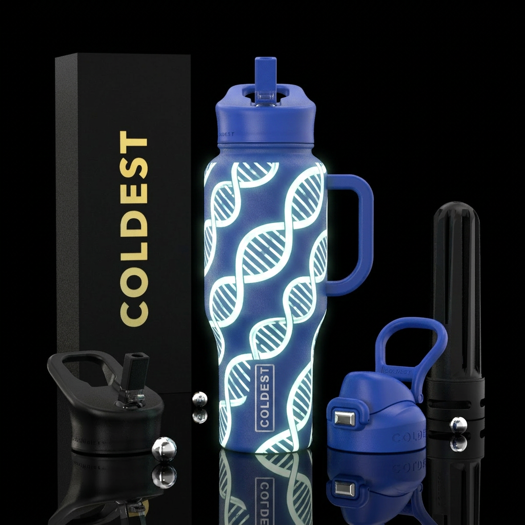 Bright white glow in the dark DNA strands water bottle design