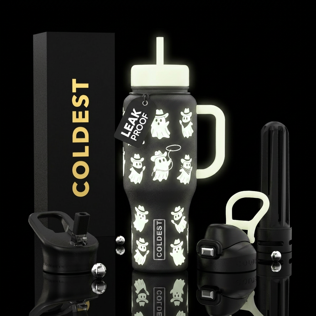 Bright white glow in the dark cowboy ghosts water bottle design