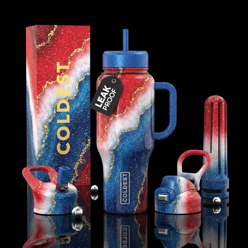 Red and white with glitter blue ombre geode and a ... water bottle design