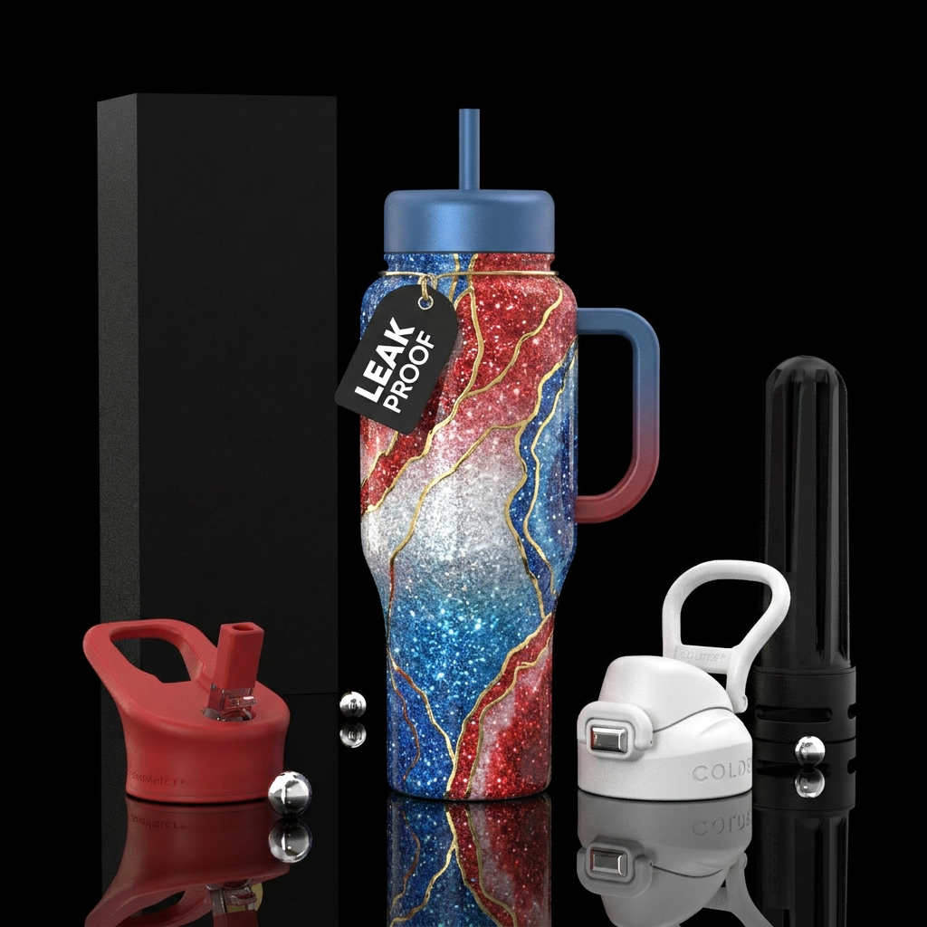 Red white and blue glittery ombre geode with thin ... water bottle design