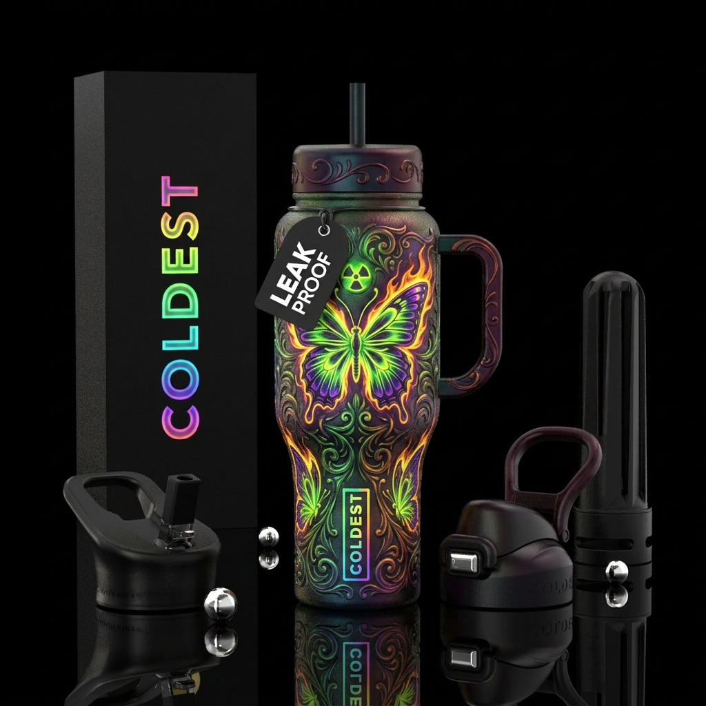 Flaming, Victorian style, radioactive butterfly water bottle design