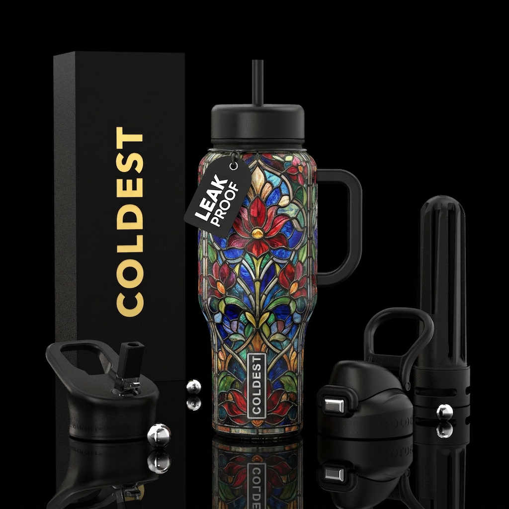 Different shades of Victorian style stained floral... water bottle design