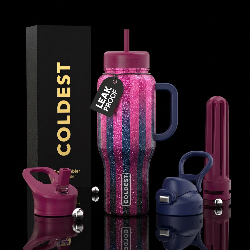 Bright pink and dark navy blue ombre glitter verti... water bottle design