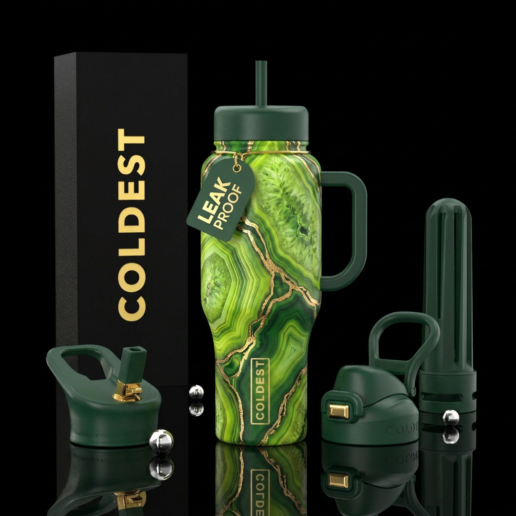 Lime green geode with gold lining water bottle design
