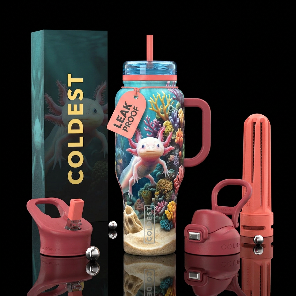 White and pink Axolotyl in a fish tank that also h... water bottle design