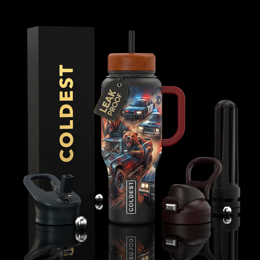 Rabid bears driving cars chasing police water bottle design