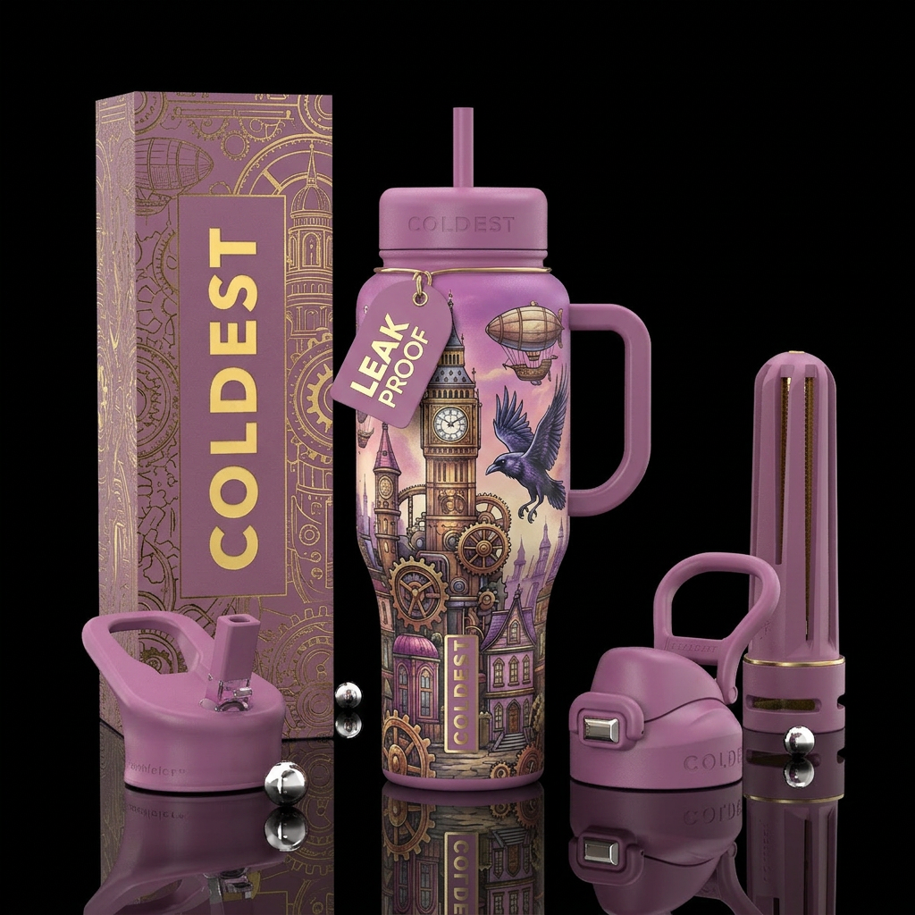 mauve, steampunk city, raven, whimsical, digital a... water bottle design