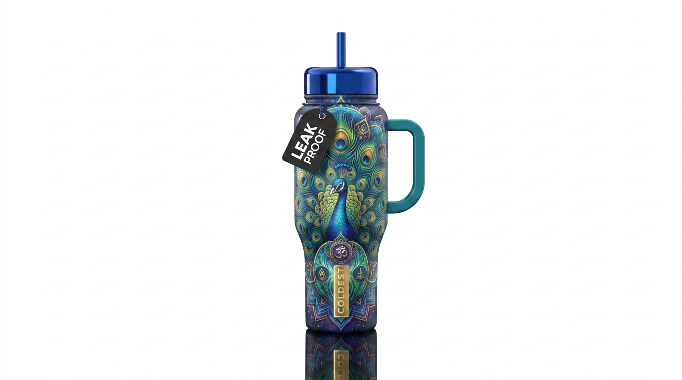 spiritual, peacock, wild water bottle design