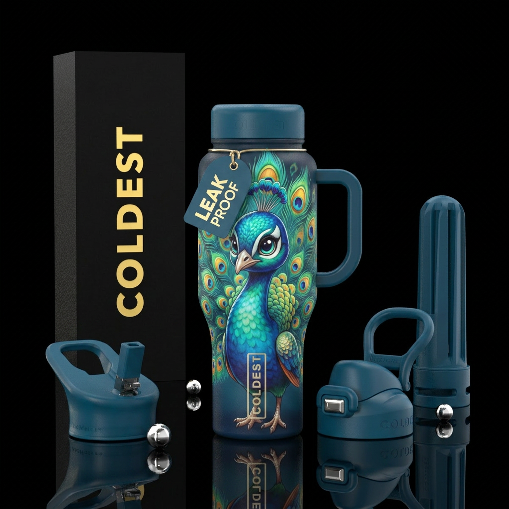 Cute cartoon baby peacock water bottle design