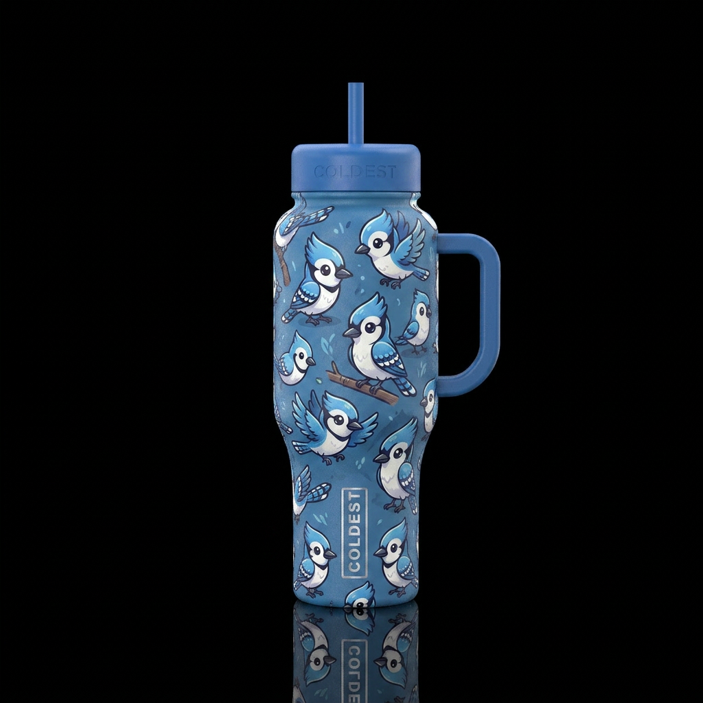 Cute cartoon baby bluejay water bottle design