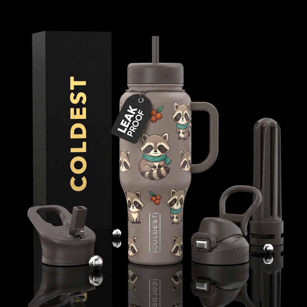 Cute cartoon baby raccoon water bottle design