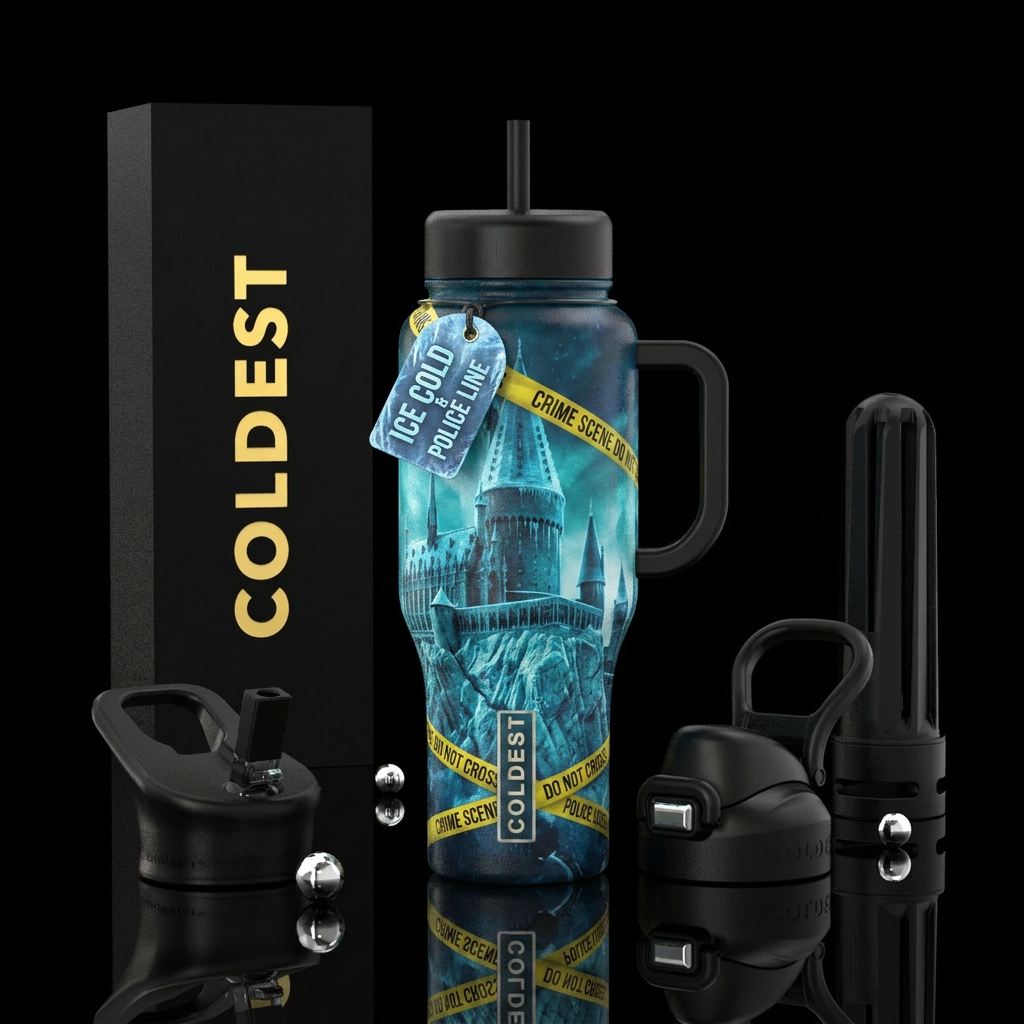 Coldest Cinderella castle with police tape on it water bottle design