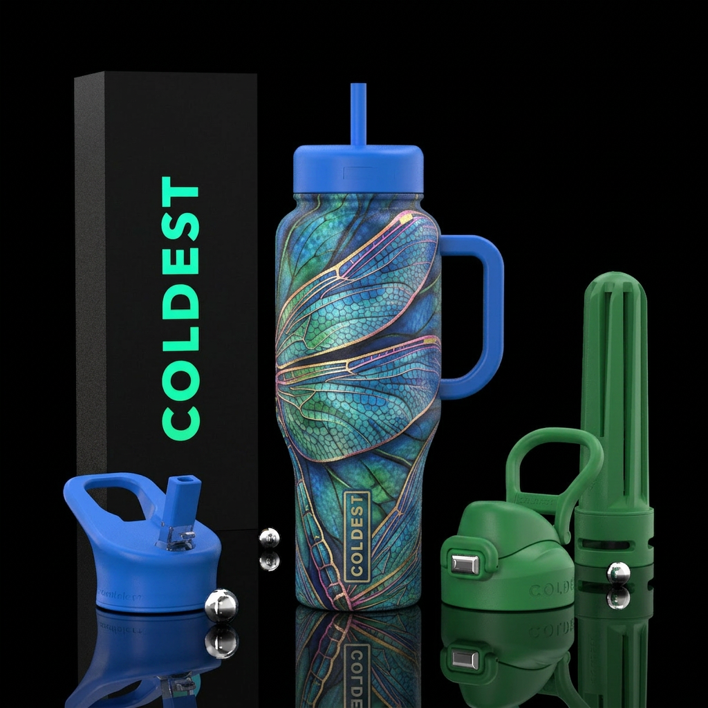 Blue and green dragonfly wings with pink and gold ... water bottle design