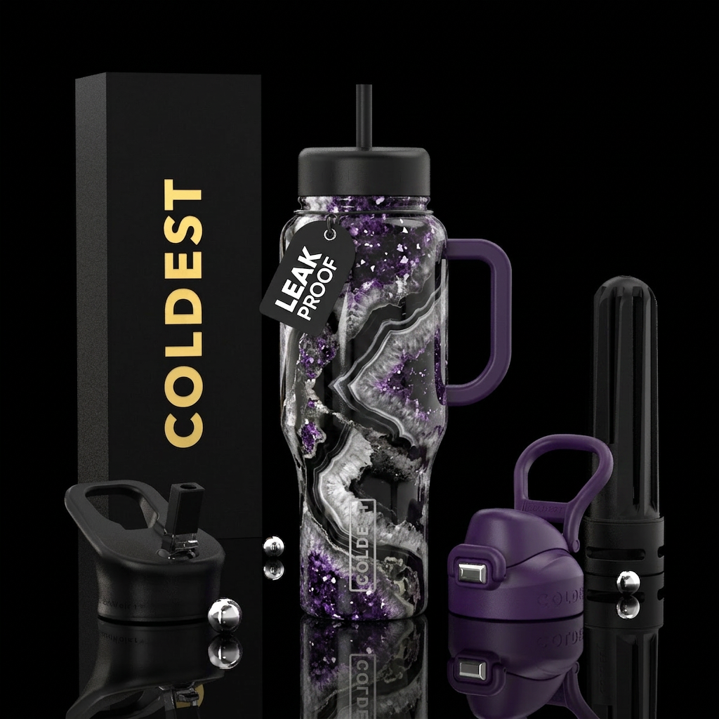 Black and white geode with deep purple crystal fle... water bottle design