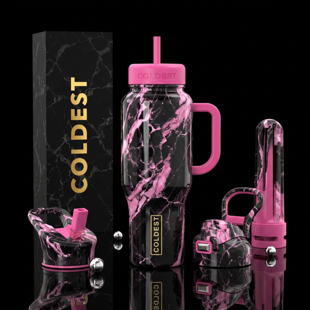 Black and pink marble water bottle design