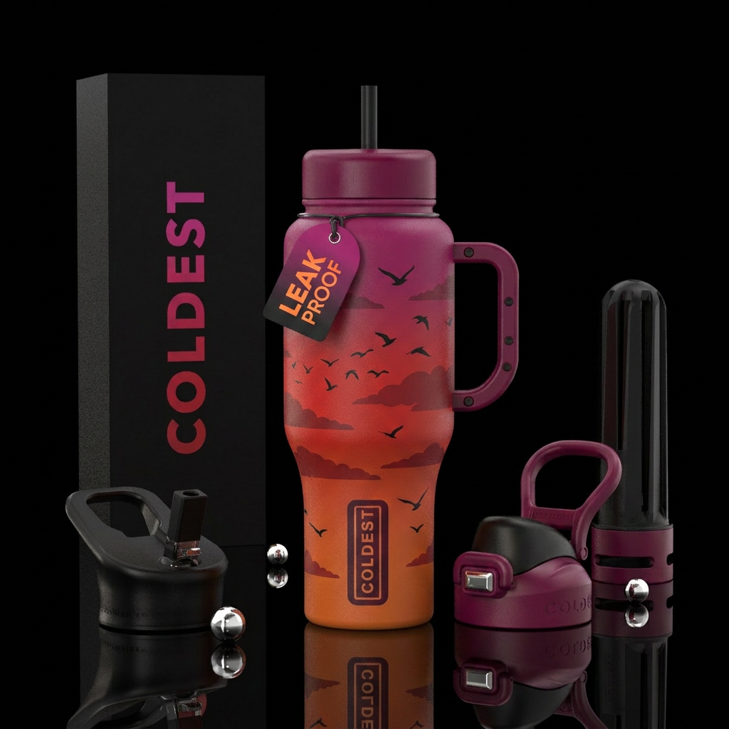 Burnt orange, deep red, magenta fade with cloud si... water bottle design