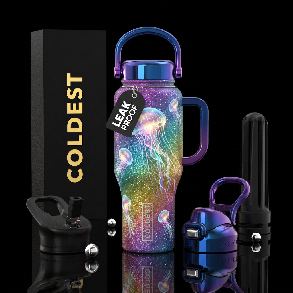 Jellyfish on a glittery rainbow bottle water bottle design