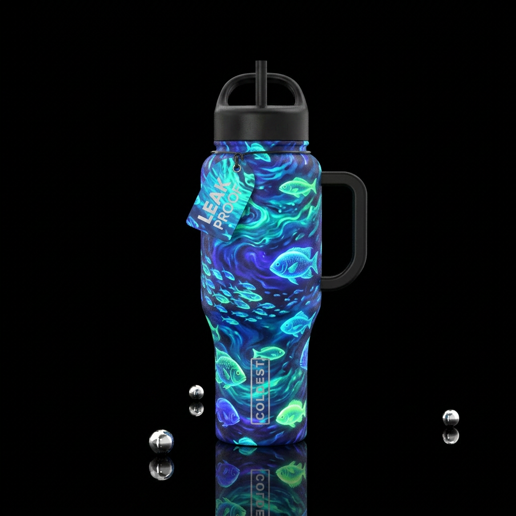 Glowing blue and green fish water bottle design