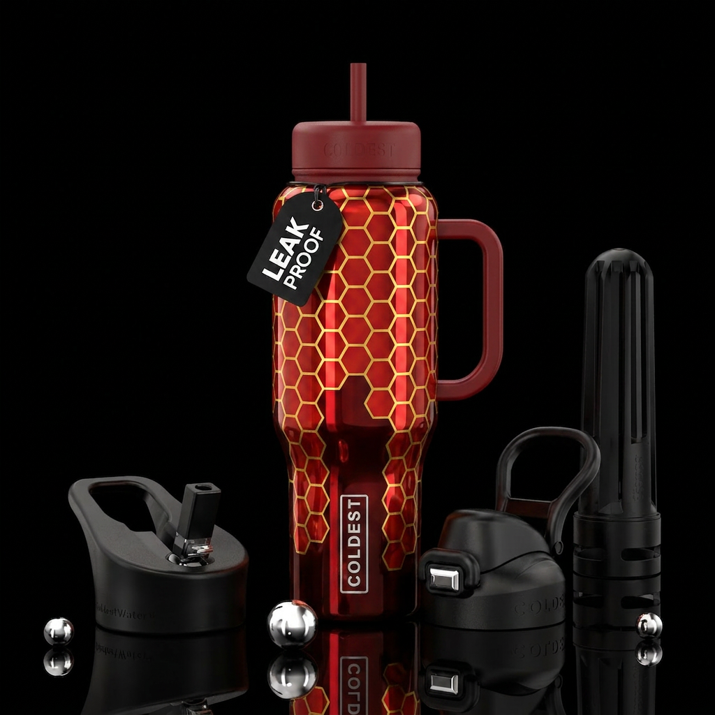 Red honey comb drizzle with gold lining water bottle design
