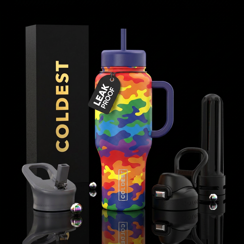 Rainbow camouflage water bottle design