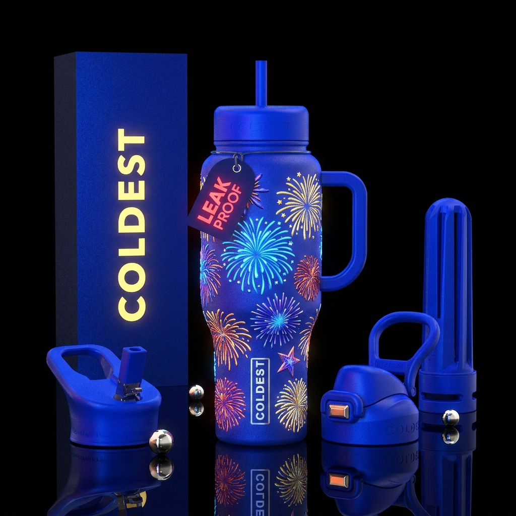 Fire works glow in the dark textured water bottle design