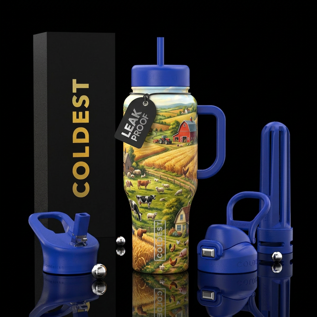 Country farming animals and fields water bottle design