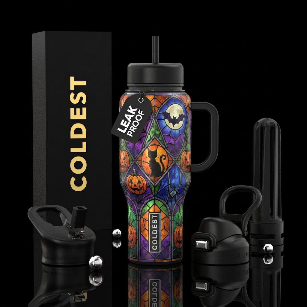 Stain glass holoween water bottle design