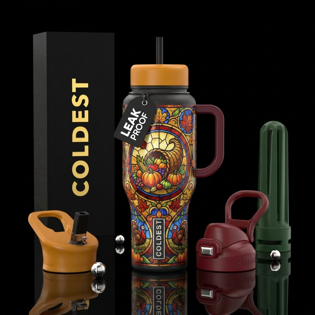 Thanksgiving stained glass water bottle design