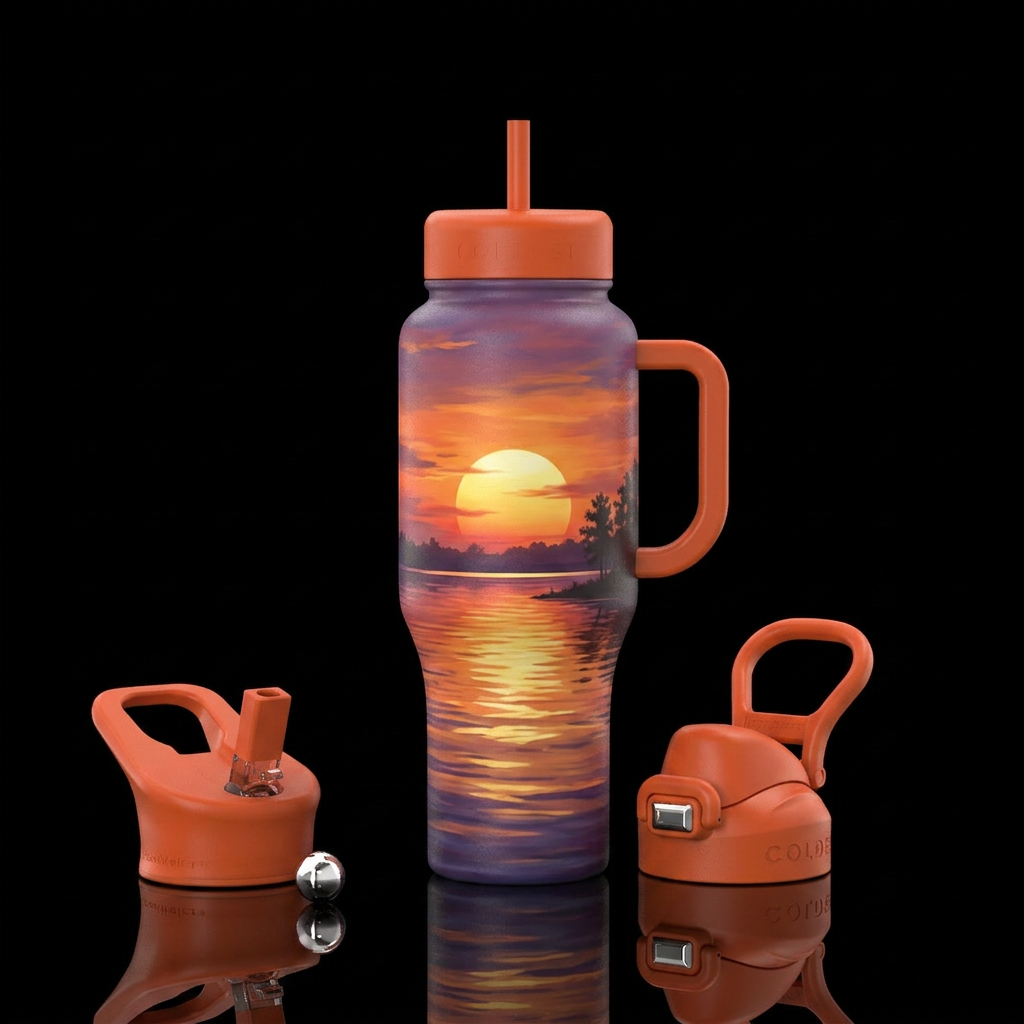 Sun setting over lake water bottle design