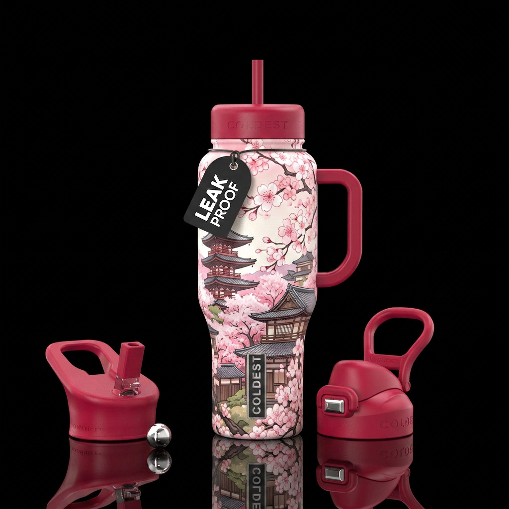 Japanese cherry blossoms  and buildings water bottle design