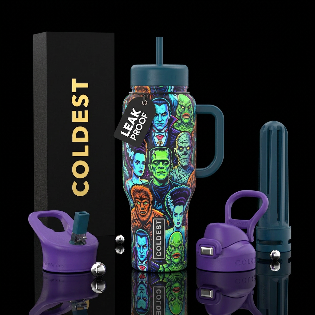 Classic movie monsters glowie water bottle design