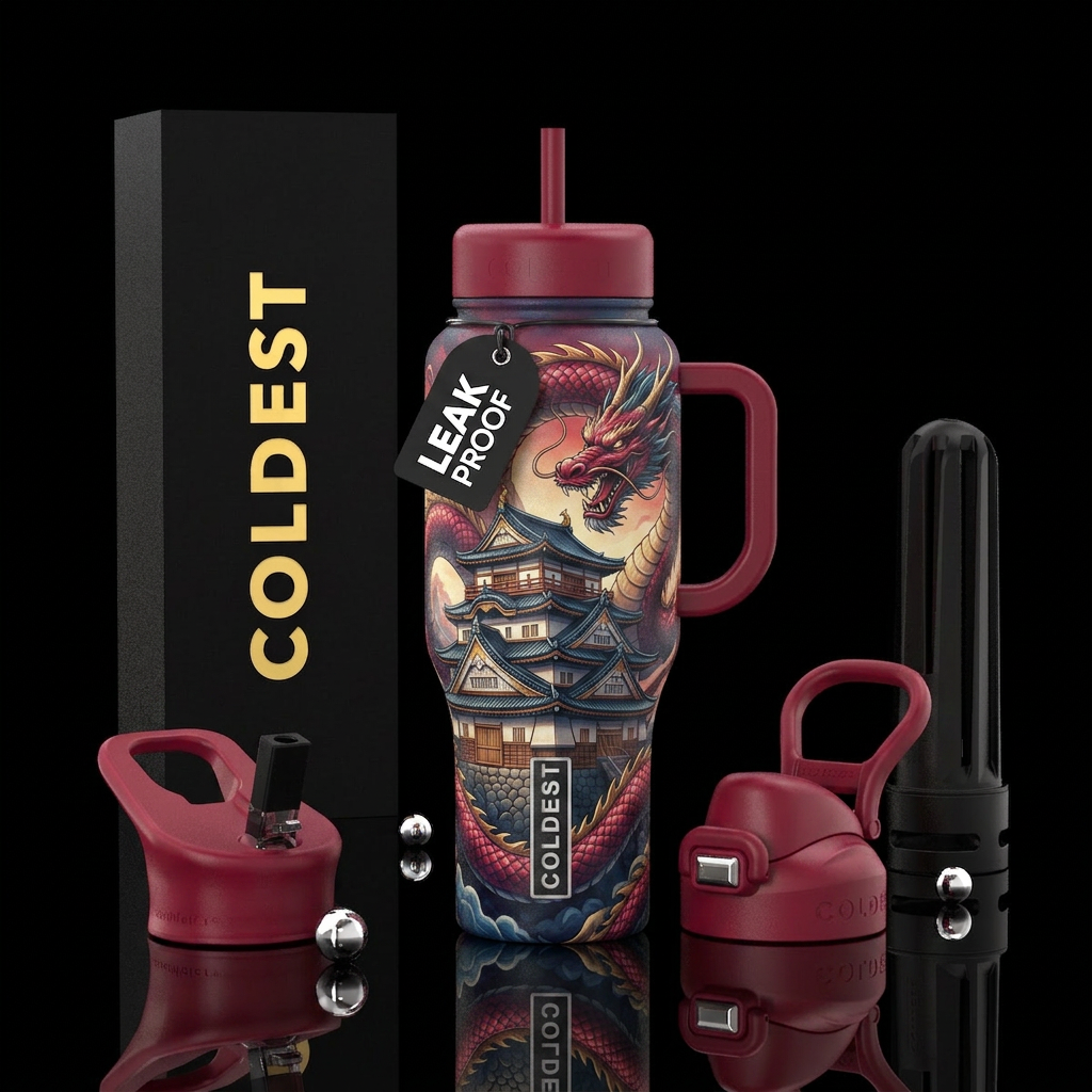 Dragon emperor Japanese castle water bottle design