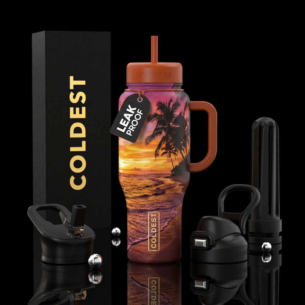 Beautiful sunset on tge beach water bottle design
