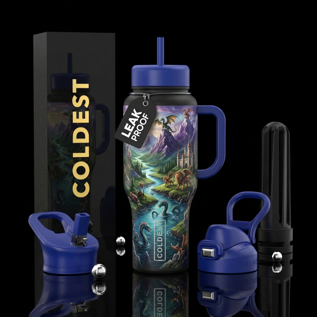 Mythical creatures in a fantasy land water bottle design