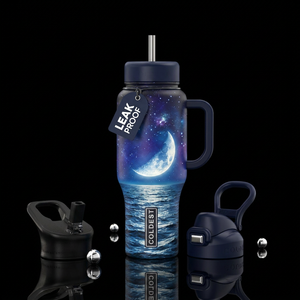 Moon set over ocean water bottle design