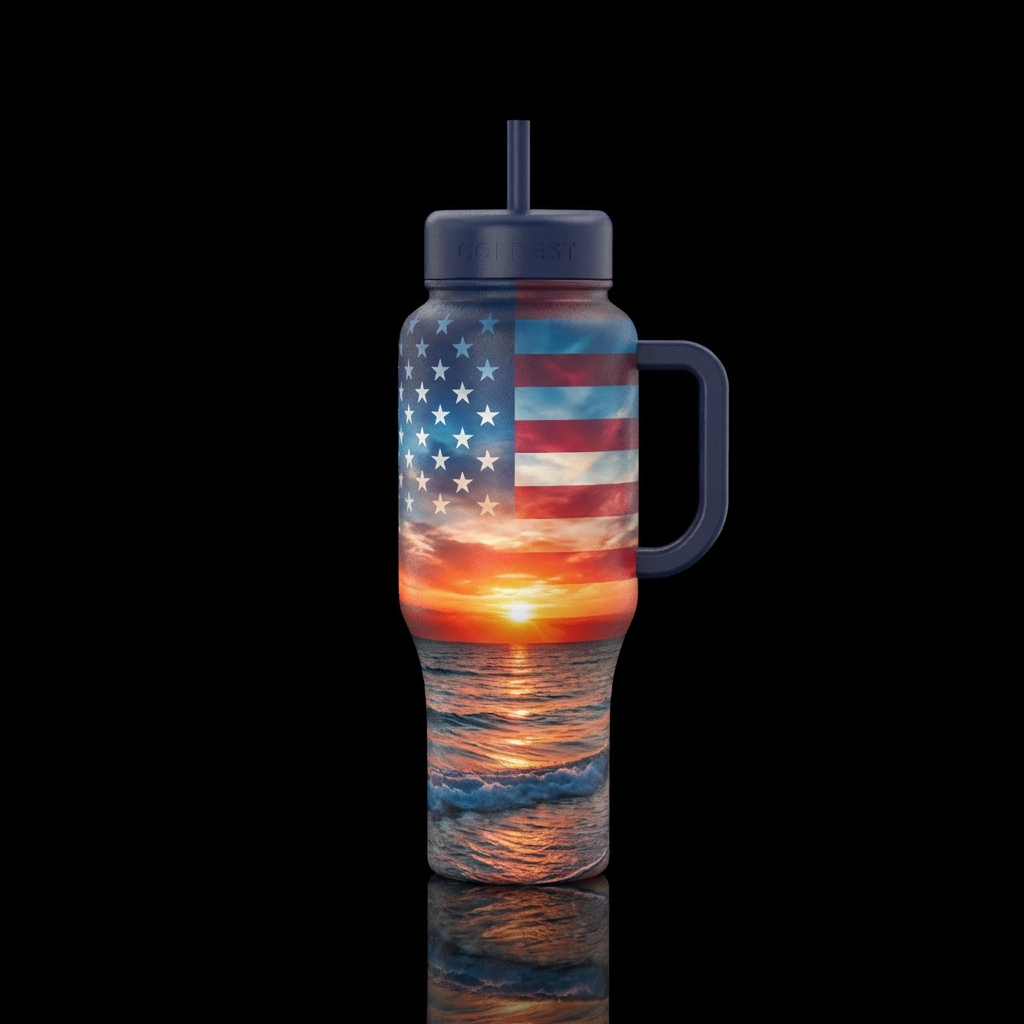 America,flag,sunrise,ocean water bottle design