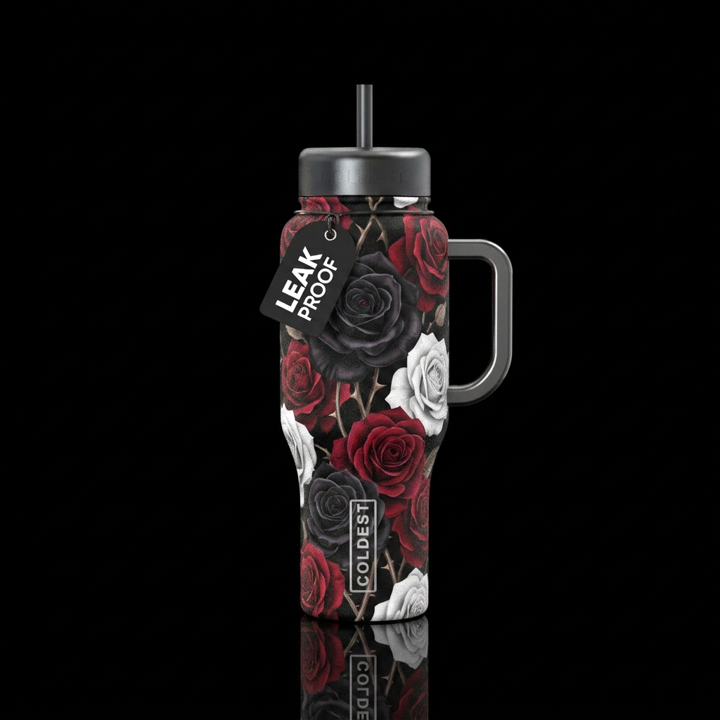 Black, white, red roses, Goth water bottle design