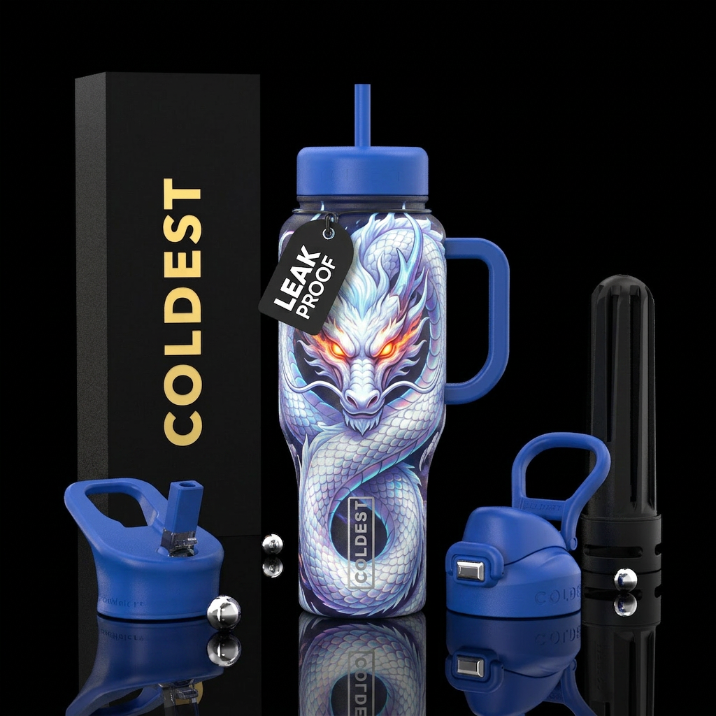 White, dragon, Glowie fiery eyes water bottle design