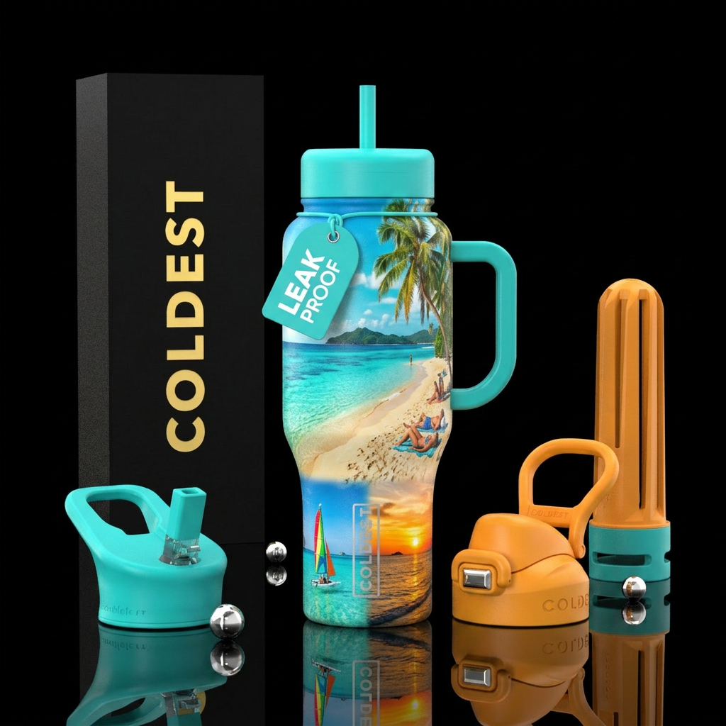 Beach, tourist, summer, vacation water bottle design