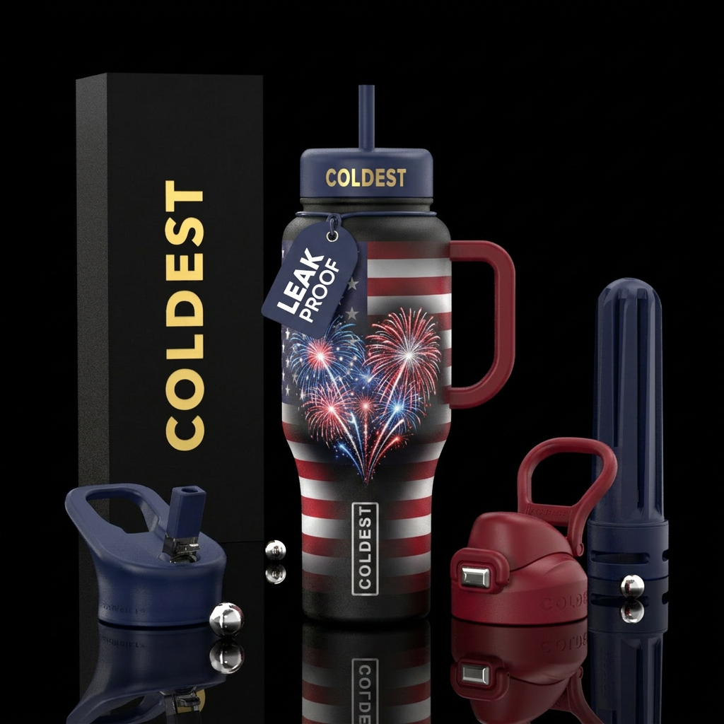 Black bottle, American flag, fireworks in heart sh... water bottle design